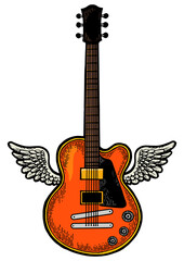 Flying Electric guitar with wings color sketch engraving PNG illustration. Scratch board style imitation. Black and white hand drawn image.