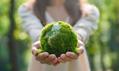 The green planet Earth is covered with moss held in woman's hands against a blurred greenery...