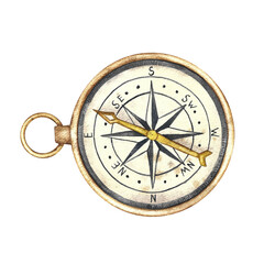 Vintage vintage hand compass. Watercolor illustration of vintage marine navigation equipment in retro style, for travel and adventure. Drawing of a navigation object for an icon or logo.