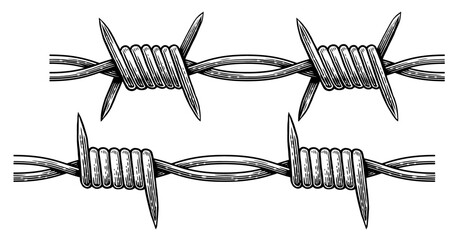 Metal steel barbed wire with thorns, spikes. Hand drawn sketch vector illustration. Tattoo engraving style