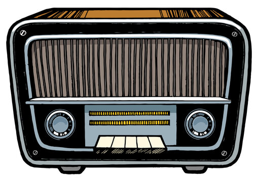 Old vintage radio receiver device color sketch engraving PNG illustration. Scratch board style imitation. Black and white hand drawn image.