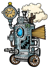 Fantastic steam punk machine color sketch engraving PNG illustration. Scratch board style imitation. Black and white hand drawn image.
