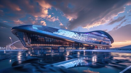 A state-of-the-art sports stadium with a retractable roof and LED facade 32k, full ultra hd, high resolution