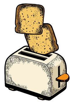 recommend clip art: Toaster with flying out bread toast crouton color sketch engraving PNG illustration. Scratch board style imitation. Black and white hand drawn image.