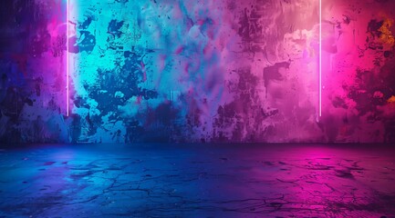 Empty concrete floor and wall background with neon light in purple, pink and blue colors.