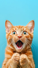 Obraz premium Funny ginger cat with a surprised expression on a blue background. A shocked tabby cat with its mouth open. Funny animals concept.