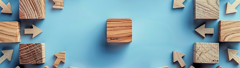 A circular arrangement of wooden blocks, each with a different smiling face, symbolizing a diverse and universally satisfied customer base, central space for text