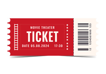  Ticket isolated on white background. Vector. Circus, movie, concert, concert, play, performance, party, event, festival ticket realistic template red-white . Ticket icon for website.