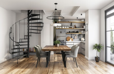 Modern Kitchen and dining room in a small townhouse with natural wood floors and white walls. A front view of a table for four people, industrial pendant light shades hanging above the wooden dining