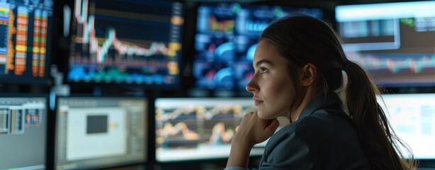 Young woman sitting at desk looking at computer screen analyzing stocks for success, determination, investment
