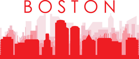 Fototapeta premium Red panoramic city skyline poster with reddish misty transparent background buildings of BOSTON, UNITED STATES
