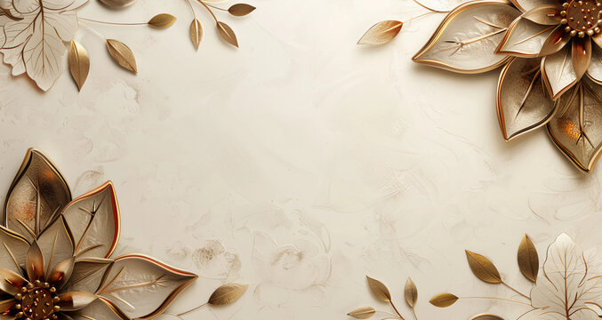 3D wallpaper of dark golden flowers and leaves on a white marble background with space for copy	