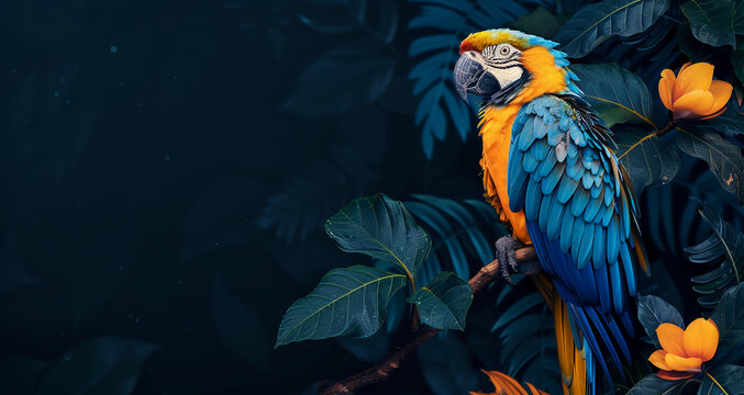 Wallpaper image of a Parrot with flowers on a dark background with space for copy