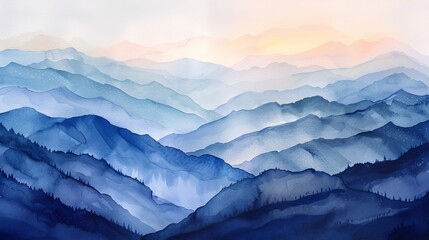 Fototapeta premium Calming watercolor scene of a mountain vista, layers of mountains fading into the distance, creating depth and a soothing perspective