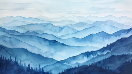Calming watercolor scene of a mountain vista, layers of mountains fading into the distance, creating depth and a soothing perspective