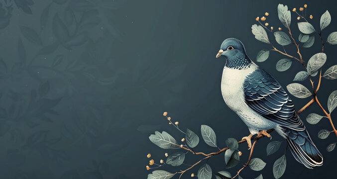 Wallpaper image of a pigeon with flowers on a plain background with space for copy