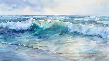 Obraz premium Artistic watercolor capturing the rhythmic waves at low tide, the soft ebb and flow painted in soothing shades of blue and aqua
