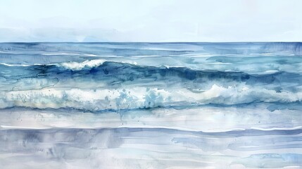 Artistic watercolor capturing the rhythmic waves at low tide, the soft ebb and flow painted in soothing shades of blue and aqua