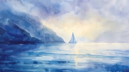 Artistic watercolor depicting a calm seascape with a lone sailboat, soothing colors enhancing the feeling of solitude and peace