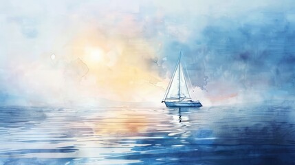 Artistic watercolor depicting a calm seascape with a lone sailboat, soothing colors enhancing the feeling of solitude and peace