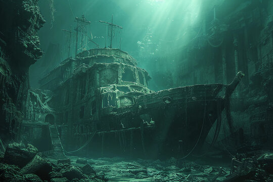 Wallpaper image of a large ship sunk deep into the ocean after a major wreck 