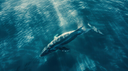 Fototapeta premium Majestic large whale swimming in open ocean waters. Wildlife. Marine life. Aquatic. Oceanic.