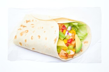 A delicious and healthy chicken wrap with fresh avocado, lettuce, peppers, and onions. Watercolor style.