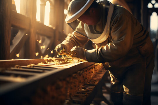 Beekeeper Engaged in Hive Maintenance