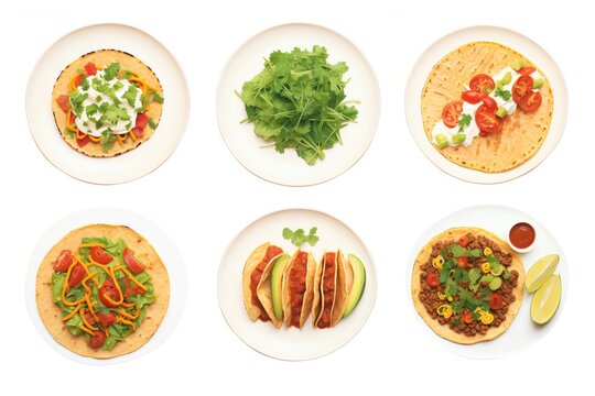 A variety of delicious tacos, made with fresh, healthy ingredients. Watercolor style.