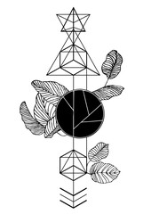 Vector editable poster with leaves and geometric forms in lined art