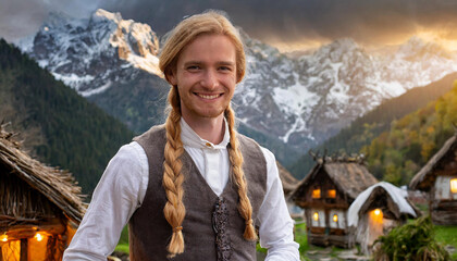 Naklejka premium Junge Mann mit Zöpfen in ihrer traditioneller Tracht in den Ländern des Balkans