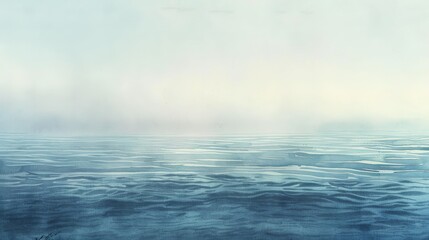 Obraz premium Atmospheric watercolor of a misty morning by the sea, the horizon barely visible through the fog, enhancing the feeling of calm