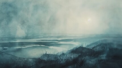 Fototapeta premium Atmospheric watercolor of a misty morning by the sea, the horizon barely visible through the fog, enhancing the feeling of calm