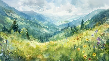 Fototapeta premium Broad watercolor view of a peaceful mountain valley in spring, with blooming flowers adding a touch of comfort and rejuvenation