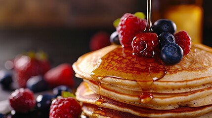A stack of whole grain pancakes topped with fresh berries and maple syrup, close-up to showcase the natural syrup flow, studio lighting