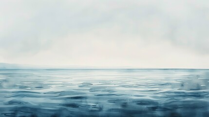 Obraz premium Calming watercolor of a distant horizon where the sky meets the sea, subtle shades of blue and grey evoking peace and tranquility