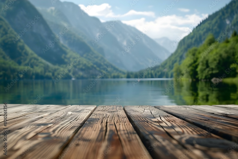 Wall mural Scenic Summer Lake and Mountain View Reflected on Wooden Tabletop. Concept Summer Photography, Scenic Views, Water Reflections, Nature Tabletop Display