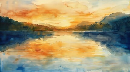 Calming watercolor of a quiet lake reflecting the sky at sunset, the warm colors blending smoothly to create a comforting environment
