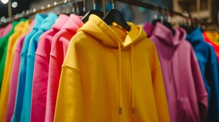 Fototapeta premium Colorful hoodies hang on hangers in clothing store