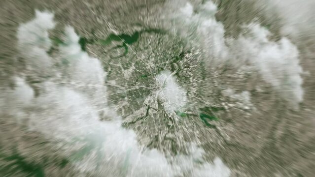 Zooming on Dallas, US. Earth zoom in from outer space to city. The animation continues by zoom out through clouds and atmosphere into space. View of the Earth at night. Images from NASA. 4K
