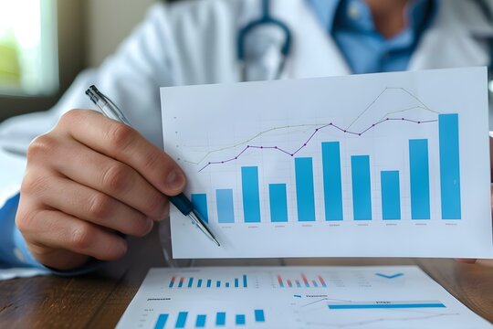 A male doctor presenting a graph on health insurance business growth. Concept Healthcare, Insurance, Business, Growth, Presentation