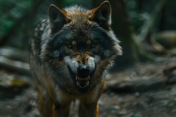 A lone wolf in the forest ready to attack. Concept Wildlife Photography, Predator Behavior, Lone Wolf in Nature