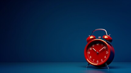 New and modern red alarm clock isolated on blue background - obrazy, fototapety, plakaty