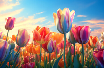 Vibrant tulip field under blue sky