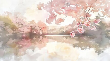 Gentle watercolor of a peaceful Japanese garden, cherry blossoms in soft pinks floating above calm waters, enhancing a healing environment