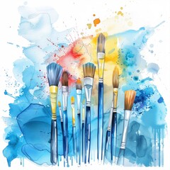 Watercolor_art_background_with_paintbrushes_and_water