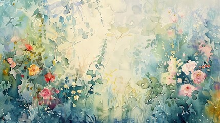 Gentle watercolor painting of a garden in full bloom, soft floral colors and gentle textures helping to foster a restorative space