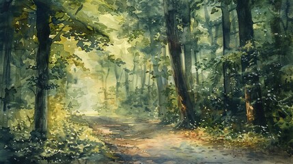 Gentle watercolor painting of a quiet forest path, dappled sunlight filtering through leaves, offering a soothing escape for patients