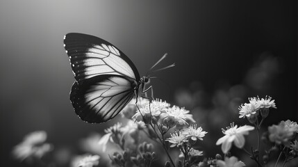 A black and white photo of a black butterfly on a flower. The butterfly has its wings spread open and is surrounded by small white flowers.

