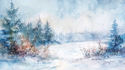 Delicate watercolor of a snowy landscape, the cool colors and soft falling snow creating a calm and serene clinic atmosphere